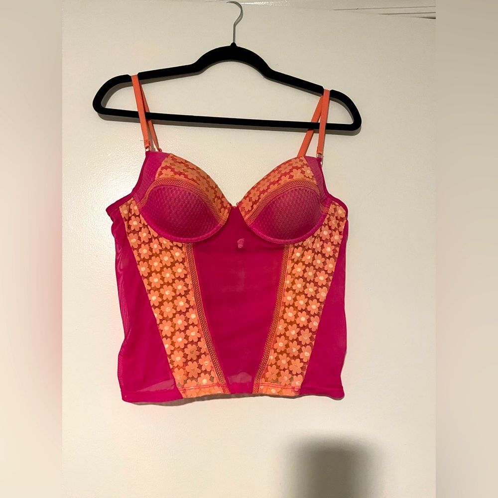 Vintage Rampage Fuchsia Orange Lace Balconette Corset Bustier Sexy Lingerie Top